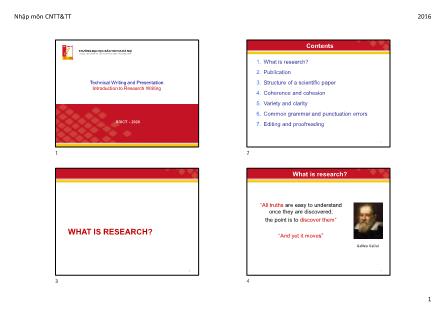 Bài giảng Technical writing and presentation - Chương 7: Introduction to research writing - Vũ Văn Thiệu