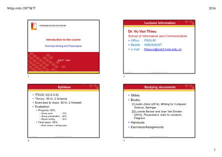 Bài giảng Technical writing and presentation - Introduction to the course - Vũ Văn Thiệu