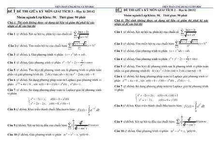 Đề thi Giữa kì môn Giải tích 2+3 - Đề 1+2