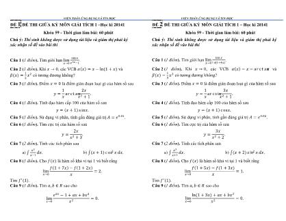 Đề thi Giữa kỳ môn Giải tích 1 - Đề 1+2+3+4 - Học kì 20141 - Viện toán ứng dụng và tin học