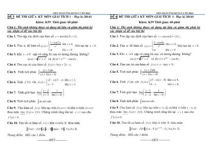 Đề thi Giữa kỳ môn Giải tích 1 - Đề 5+6+7+8 - Học kì 20141 - Viện toán ứng dụng và tin học