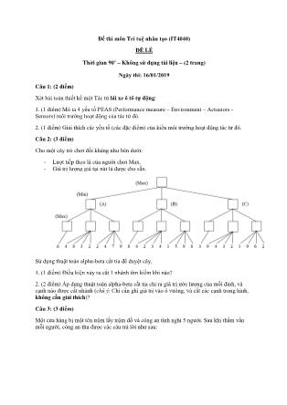 Đề thi môn Trí tuệ nhân tạo - Đề lẻ - Năm học 2019 (Có đáp án)