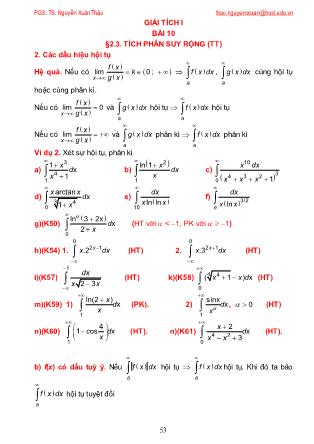 Giáo trình Giải tích 1 - Bài 10: Tích phân suy rộng (Tiếp theo) - Nguyễn Xuân Thảo