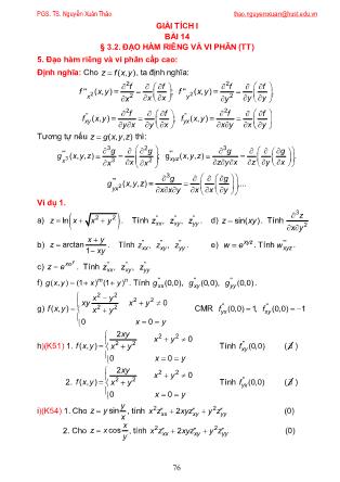 Giáo trình Giải tích 1 - Bài 14: Đạo hàm riêng và vi phân cấp cao, cực trị - Nguyễn Xuân Thảo