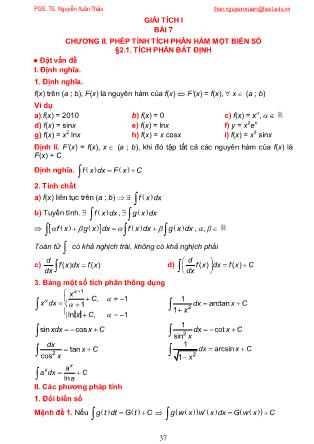 Giáo trình Giải tích 1 - Bài 7: Tích phân bất định - Nguyễn Xuân Thảo
