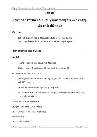 Giáo trình Nhập môn Công nghệ phần mềm - Bài 3: Thực hiện kết nối CSDL, truy xuất thông tin và hiển thị, cập nhật thông tin