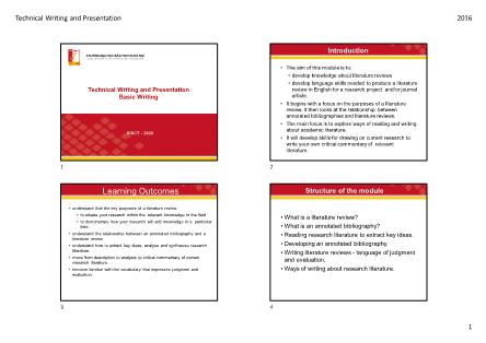 Bài giảng Technical writing and presentation - Chương 9, Phần 1: Literater review - Vũ Văn Thiệu