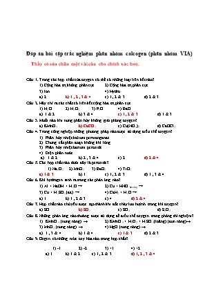 Bài tập trắc nghiệm Hóa học vô cơ - Nhóm Calcogen (Có đáp án)
