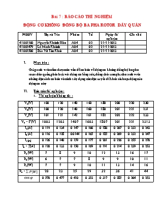 Báo cáo Thí nghiệm Máy điện - Bài 7: Động cơ không đồng bộ ba pha rotor dây quấn (Bản hay)