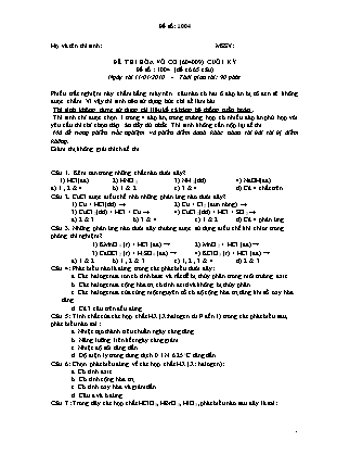 Đề thi Cuối kỳ môn Hóa vô cơ - Đề số: 1004 (Có đáp án)