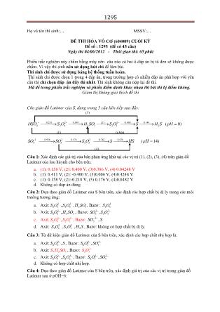 Đề thi Cuối kỳ môn Hóa vô cơ - Đề số: 1295 (Có đáp án)