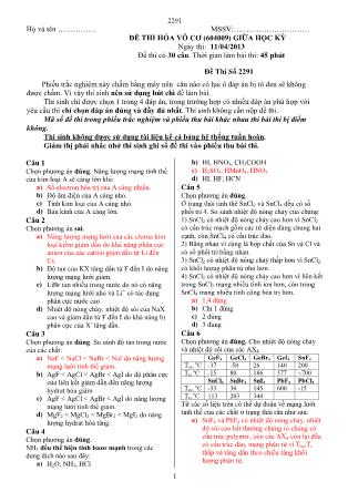 Đề thi Giữa học kỳ môn Hóa vô cơ - Đề số: 2291 (Có đáp án)