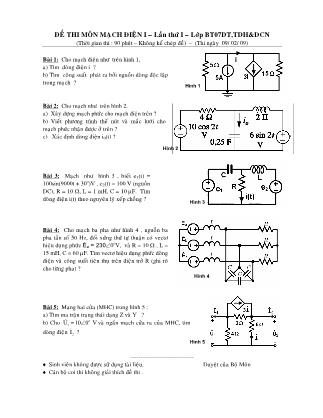 Đề thi môn Mạch điện 1 - Lần 1 - Lớp BT07DT