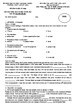 Bài kiểm tra 45 phút môn Tiếng Anh Lớp 10 - Bài số 4 - Năm học 2016-2017 - Trường THPT Lê Quý Đôn (Có đáp án)