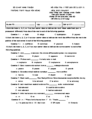 Bài kiểm tra 45 phút môn Tiếng Anh Lớp 12 - Bài số 3 - Năm học 2016-2017 - Trường THPT Phạm Văn Đồng