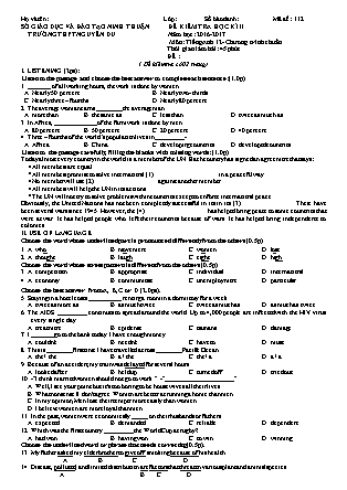 Bài kiểm tra Học kì 2 môn Tiếng Anh Lớp 12 - Năm học 2016-2017 - Trường THPT Nguyễn Du