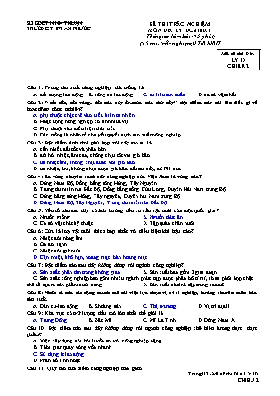Bài thi trắc nghiệm môn Địa lí Khối 10 - Năm học 2016-2017 - Trường THPT An Phước (Có đáp án)