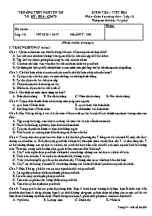 Đề kiểm tra 45 phút Học kì 2 môn Giáo dục công dân Lớp 10 - Mã đề: 209 - Năm học 2016-2017 - Trường THPT Nguyễn Du
