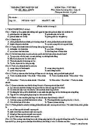 Đề kiểm tra 45 phút Học kì 2 môn Giáo dục công dân Lớp 10 - Mã đề: 485 - Năm học 2016-2017 - Trường THPT Nguyễn Du