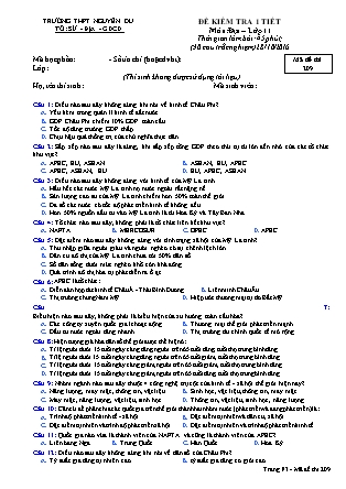 Đề kiểm tra 45 phút môn Địa lí Lớp 11 - Mã đề: 209 - Trường THPT Nguyễn Du