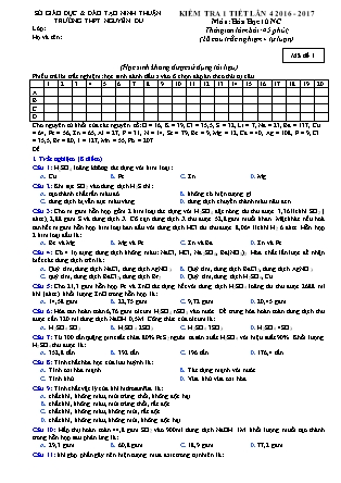 Đề kiểm tra 45 phút môn Hóa học Lớp 10 nâng cao - Lần 4 - Năm học 2016-2017 - Trường THPT Nguyễn Du