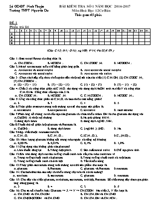 Đề kiểm tra 45 phút môn Hóa học Lớp 12 - Bài số 1 - Năm học 2016-2017 - Trường THPT Nguyễn Du