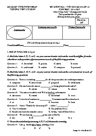 Đề kiểm tra 45 phút môn Tiếng Anh Lớp 10 - Bài số 4 - Mã đề: 357 - Năm học 2016-2017 - Trường THPT Lê Duẩn