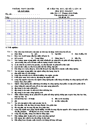 Đề kiểm tra Học kì 2 môn Địa lí Lớp 10 - Bài số 2 - Mã đề: 102 - Năm học 2016-2017 - Trường THPT Lê Quý Đôn