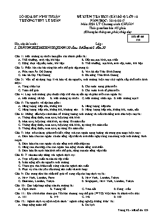 Đề kiểm tra Học kì 2 môn Địa lí Lớp 10 - Bài số 4 - Mã đề: 129 - Năm học 2016-2017 - Trường THPT Lê Duẩn (Có đáp án)