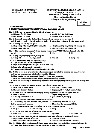 Đề kiểm tra Học kì 2 môn Địa lí Lớp 10 - Bài số 4 - Mã đề: 289 - Năm học 2016-2017 - Trường THPT Lê Duẩn (Có đáp án)