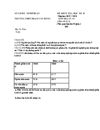 Đề kiểm tra Học kì 2 môn Địa lí Lớp 10 - Năm học 2015-2016 - Trường THPT Phạm Văn Đồng (Có đáp án)