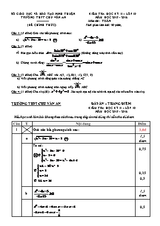 Đề kiểm tra Học kì 2 môn Toán Lớp 10 - Năm học 2015-2016 - Trường THPT Chu Văn An (Có đáp án)