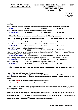 Đề thi thử Quốc gia môn Tiếng Anh Lớp 11 - Năm học 2016-2017 - Trường THPT An Phước (Có đáp án)