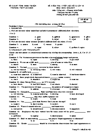 Kiểm tra 45 phút môn Tiếng Anh Lớp 10 - Bài số 3 - Mã đề: 485 - Năm học 2016-2017 - Trường THPT Lê Duẩn
