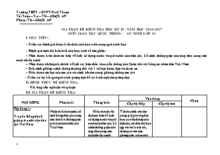 Ma trận đề kiểm tra Học kì 2 môn Giáo dục quốc phòng Lớp 10 - Năm học 2016-2017 - Trường THPT DTNT Ninh Thuận