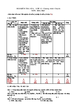 Bài kiểm tra 45 phút môn Hóa học Lớp 12 - Bài số 4 - Năm học 2016-2017 - Trường THPT Lê Quý Đôn