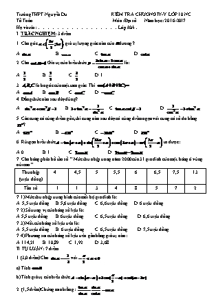 Đề kiểm tra 45 phút Đại số Lớp 10 nâng cao - Chương 4+5 - Năm học 2016-2017 - Trường THPT Nguyễn Du