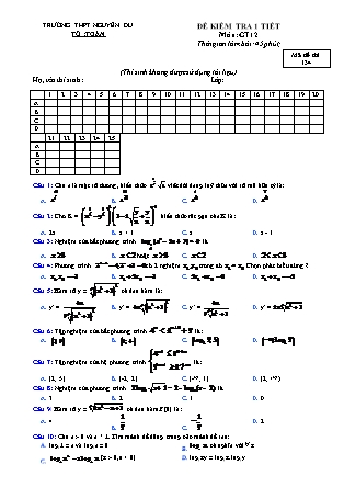 Đề kiểm tra 45 phút Đại số Lớp 12 - Mã đề: 134 - Năm học 2016-2017 - Trường THPT Nguyễn Du