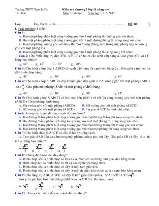 Đề kiểm tra 45 phút Hình học Lớp 11 nâng cao - Chương 3 - Đề 2 - Năm học 2016-2017 - Trường THPT Nguyễn Du