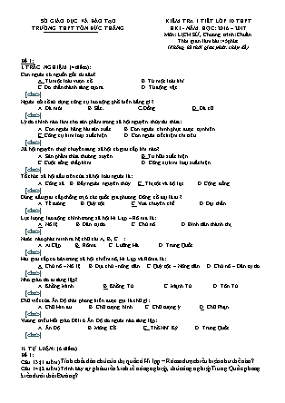 Đề kiểm tra 45 phút môn Lịch sử Lớp 10 - Đề 1 - Năm học 2016-2017 - Trường THPT Tôn Đức Thắng (Có đáp án)