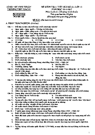 Đề kiểm tra 45 phút môn Lịch sử Lớp 12 - Bài số 3 - Năm học 2016-2017 - Trường THPT Bác Ái