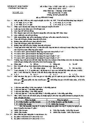 Đề kiểm tra 45 phút môn Sinh học Lớp 12 - Bài số 1 - Mã đề: 121 - Năm học 2016-2017 - Trường THPT Bác Ái (Có đáp án)