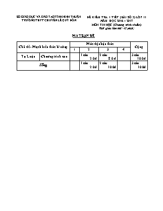 Đề kiểm tra 45 phút môn Tin học Lớp 11 - Bài số 3 - Năm học 2016-2017 - Trường THPT Lê Quý Đôn (Có đáp án)