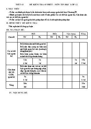 Đề kiểm tra 45 phút môn Tin học Lớp 12 - Bài số 2 - Năm học 2015-2016 - Trường THPT Phan Chu Trinh (Có đáp án)