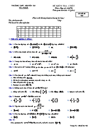Đề kiểm tra 45 phút môn Toán Lớp 10 - Mã đề: 485 - Năm học 2016-2017 - Trường THPT Nguyễn Du