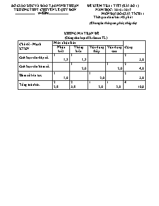 Đề kiểm tra 45 phút môn Toán Lớp 11 - Bài số 4 - Năm học 2016-2017 - Trường THPT Lê Quý Đôn (Có lời giải)