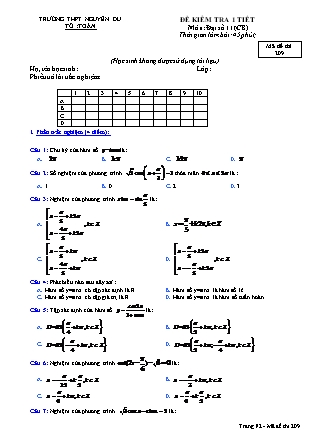 Đề kiểm tra 45 phút môn Toán Lớp 11 - Lần 1 - Mã đề: 209 - Năm học 2016-2017 - Trường THPT Nguyễn Du