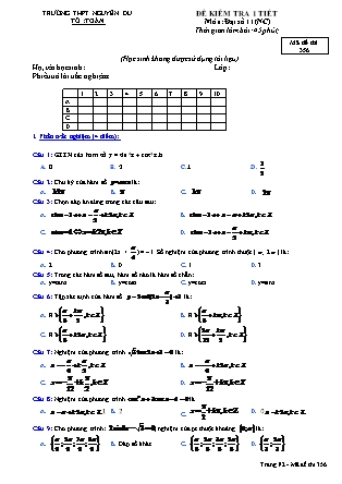 Đề kiểm tra 45 phút môn Toán Lớp 11 nâng cao - Lần 1 - Mã đề: 356 - Năm học 2016-2017 - Trường THPT Nguyễn Du