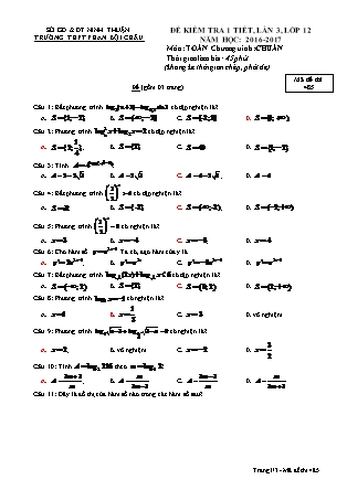 Đề kiểm tra 45 phút môn Toán Lớp 12 - Lần 3 - Mã đề: 485 - Năm học 2016-2017 - Trường THPT Phan Bội Châu (Có đáp án)