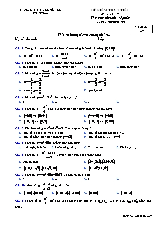 Đề kiểm tra 45 phút môn Toán Lớp 12 - Mã đề: 209 - Năm học 2016-2017 - Trường THPT Nguyễn Du